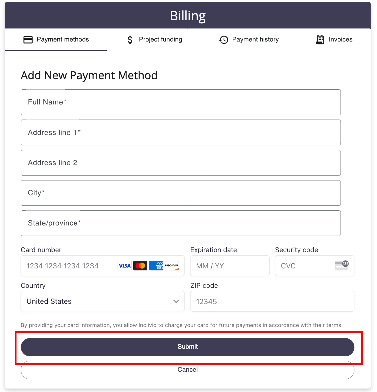 Screenshot of page to enter credit card information