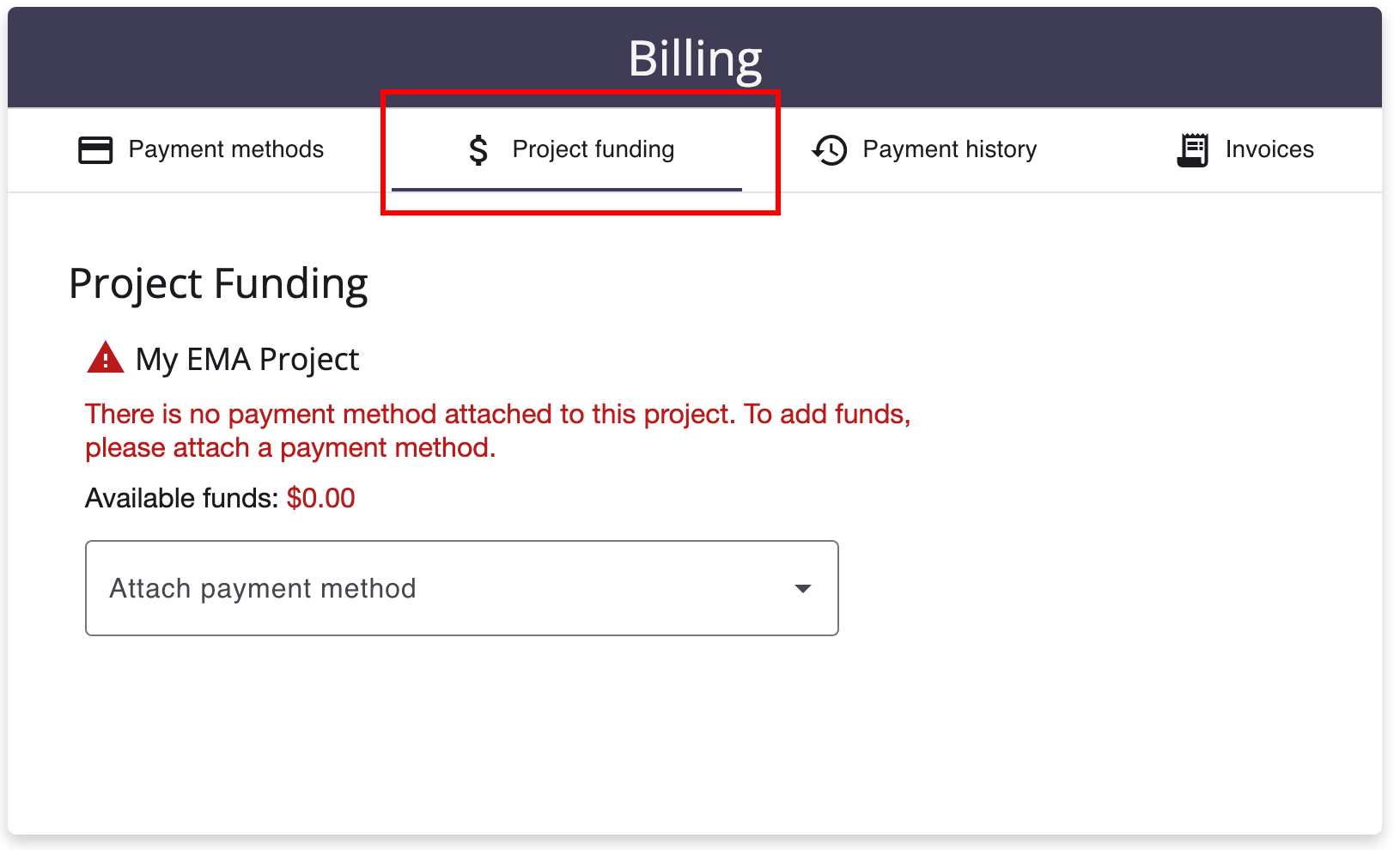 Screenshot of the billing page indicating where the project funding tab is located